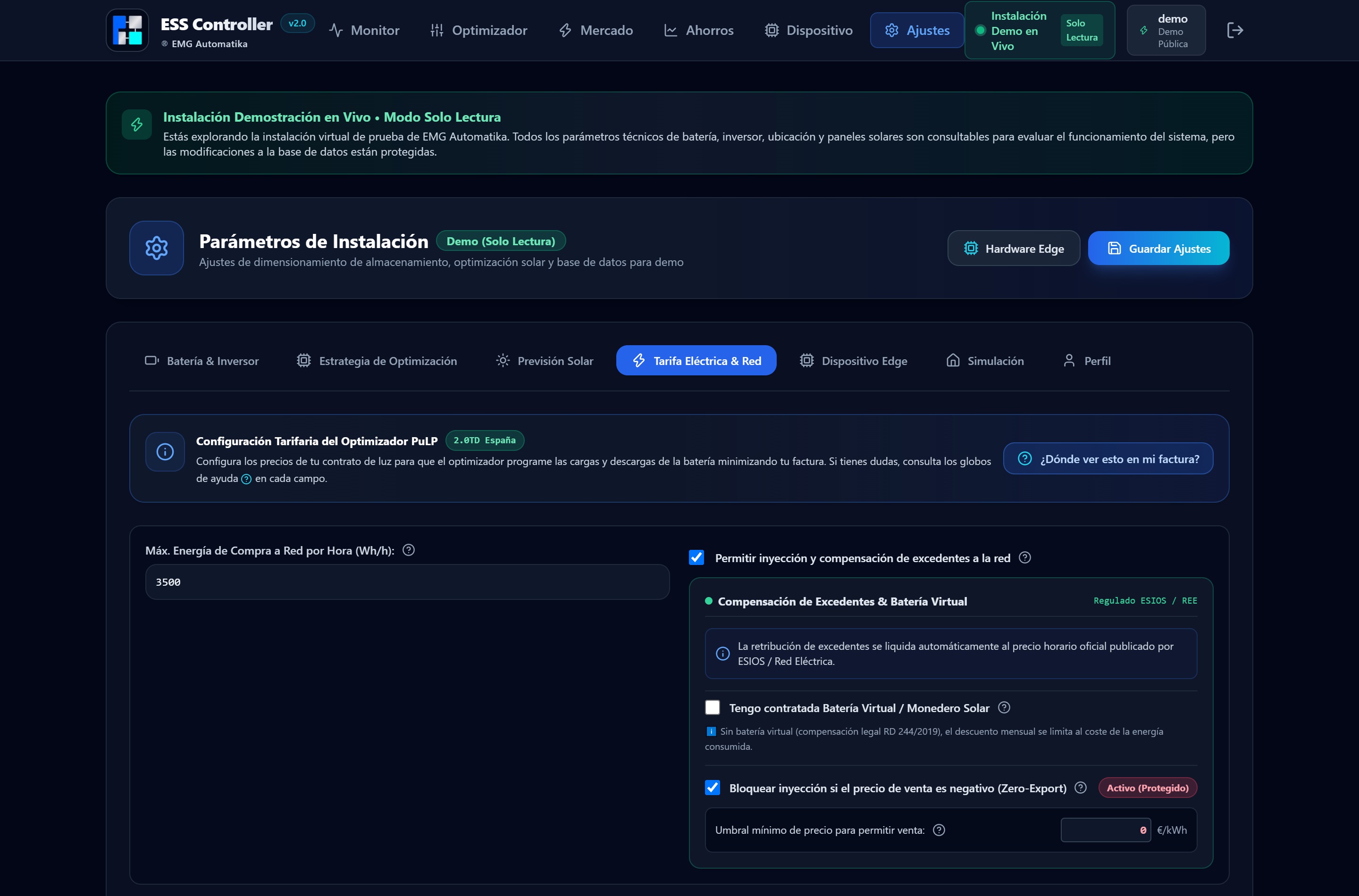 Configuración de tarifa eléctrica y batería virtual en ESS Controller