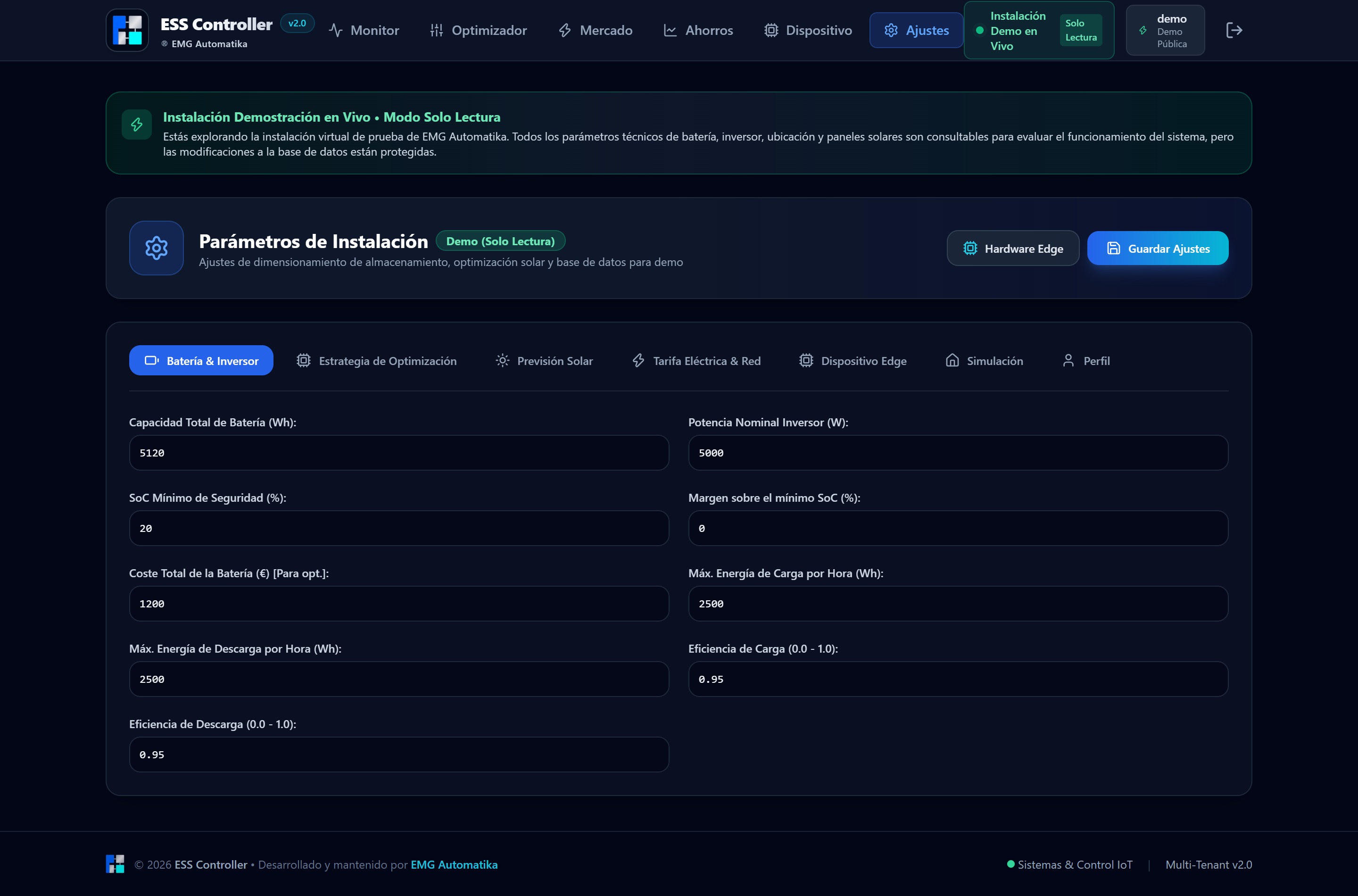 Dimensionamiento de batería e inversor en ESS Controller